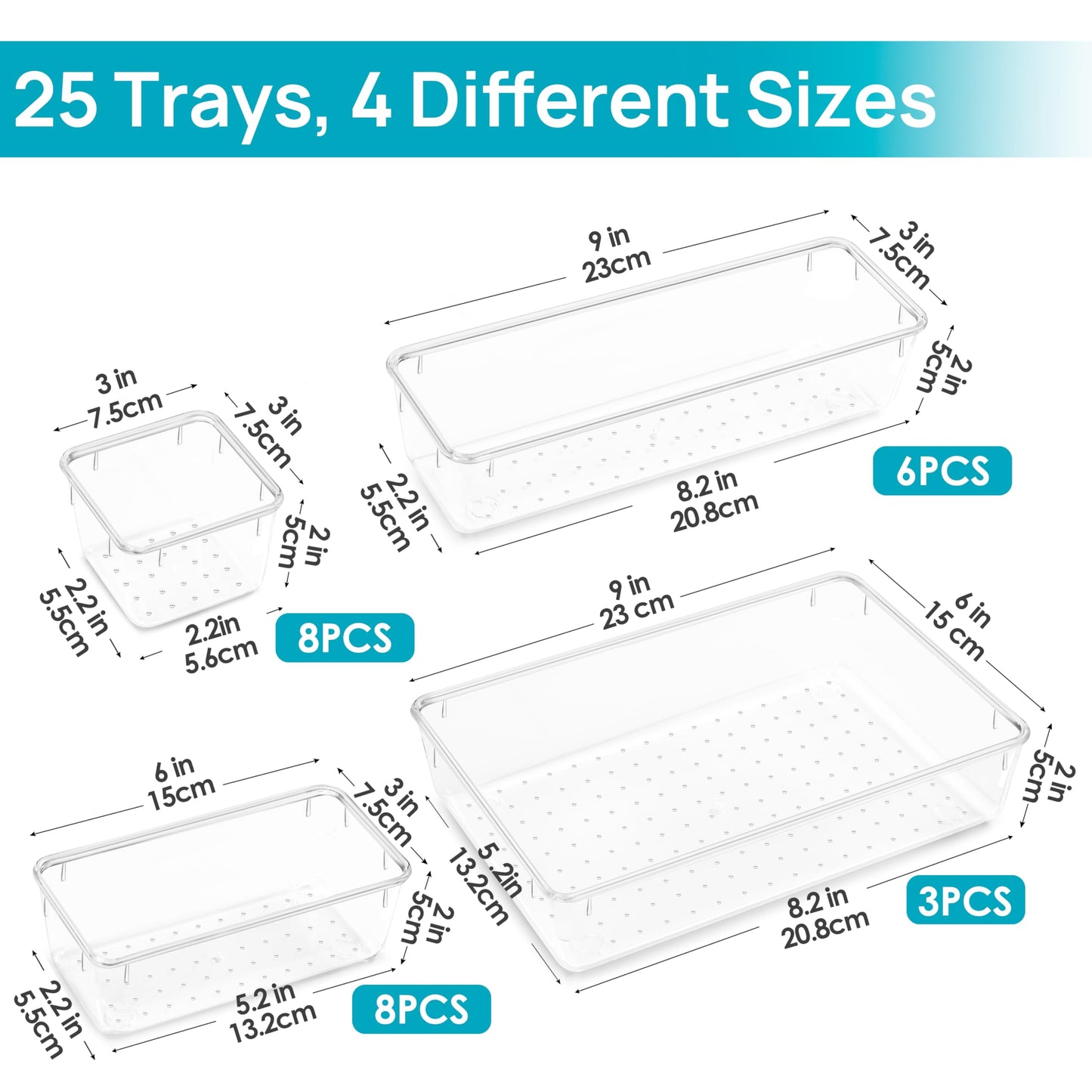 Vtopmart 25PCS Clear Drawer Organizer Set – 4 Sizes for Bathroom, Kitchen, Makeup, Utensils, Office & Vanity Storage Bins