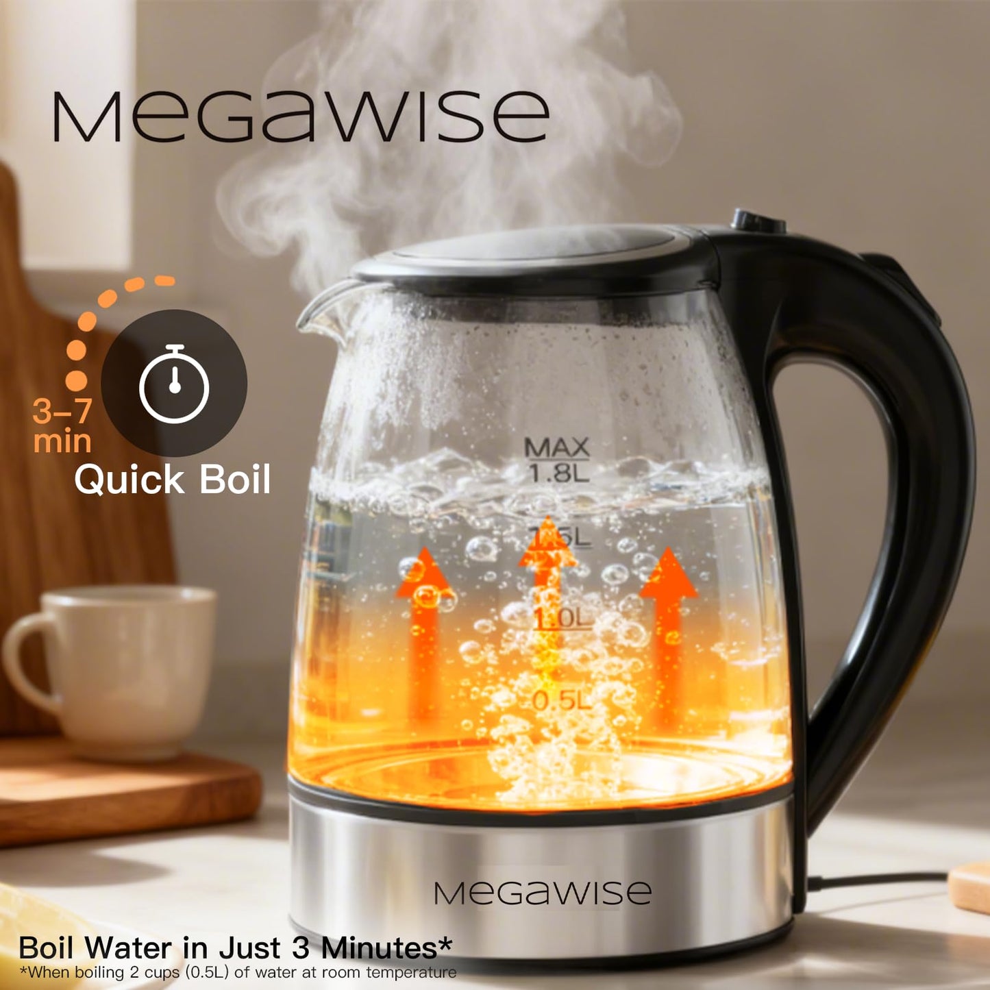 MEGAWISE 1.8L Electric Kettle CX-817 - Fast Boil, Auto Shut-Off, Boil-Dry Protection, (1.8L)