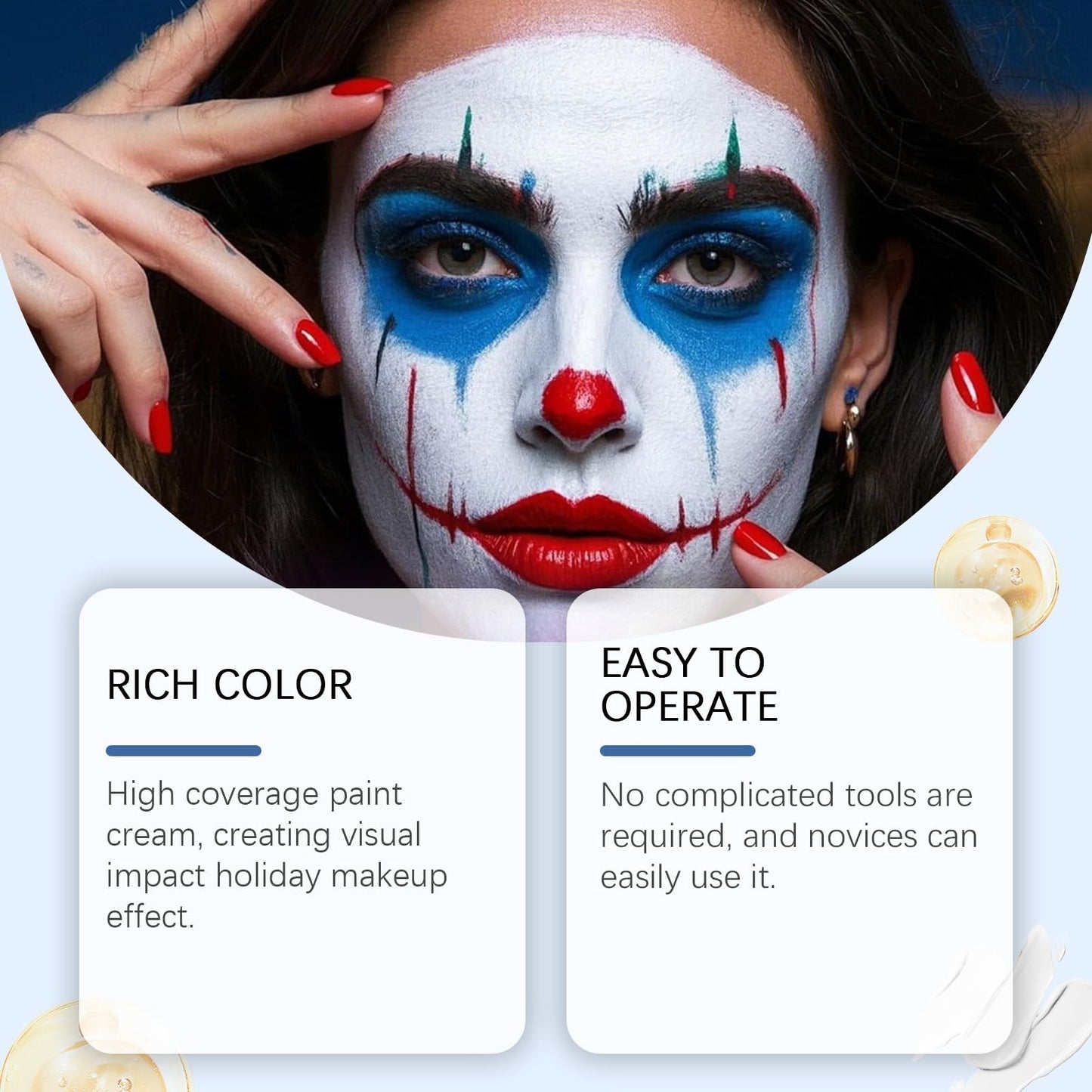 bobojuju Red White Blue Face Body Paint Set, 30g×3 Water-Based High Pigment Makeup, Safe for Sensitive Skin, Perfect for Halloween SFX Cosplay Clown