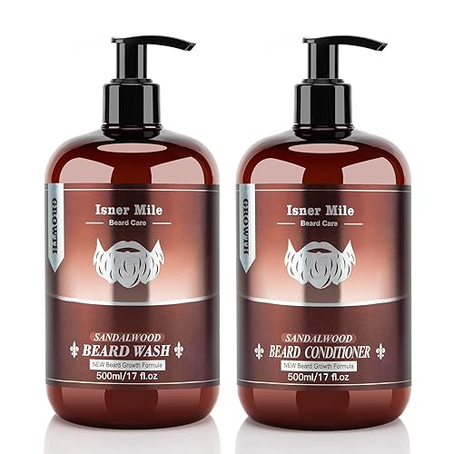 ISNER MILE Beard Wash & Conditioner Set for Men - 17 oz Shampoo with Biotin, Argan & Jojoba Oils for Smooth, Soft, and Strengthened Beard - Sandalwood