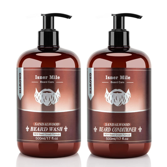 ISNER MILE Beard Wash & Conditioner Set for Men - 17 oz Shampoo with Biotin, Argan & Jojoba Oils for Smooth, Soft, and Strengthened Beard - Sandalwood