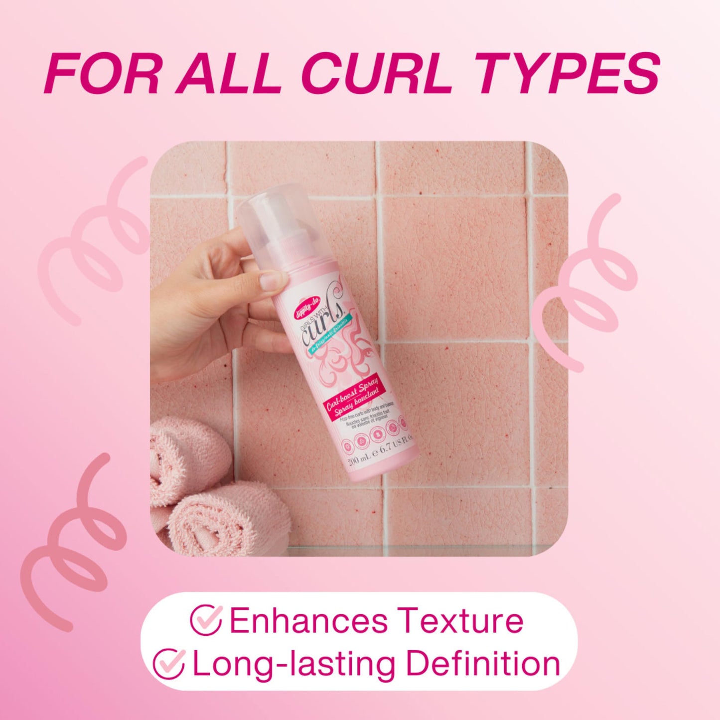 Dippity Do Girls With Curls De-Frizz Curl-Boost Spray, Light, 3-in-1 Hair Spray for Refreshing Curly Wavy Hair, Hibiscus, Olive Oil, Anti Frizz Bouncy