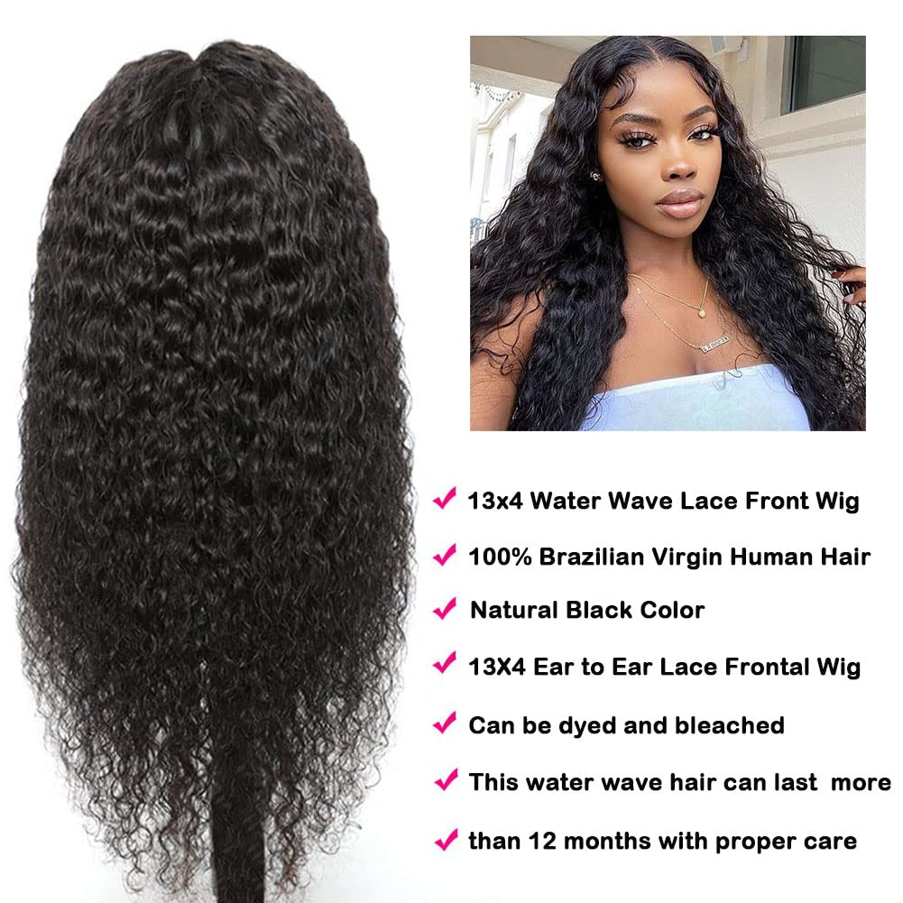 Glueless Water Wave Lace Front Wigs Human Hair for Women 180 Density Unprocessed Brazilian Virgin Human Hair Wigs with Baby Hair Pre Plucked Natural