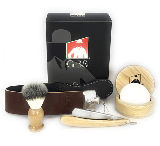 G.B.S Natural Wood Shaving Set with Straight Razor, Synthetic, Shave Brush, Animal Free, Beechwood Shave Bowl and Natural Soap Beauty and Personal Care G.B.S