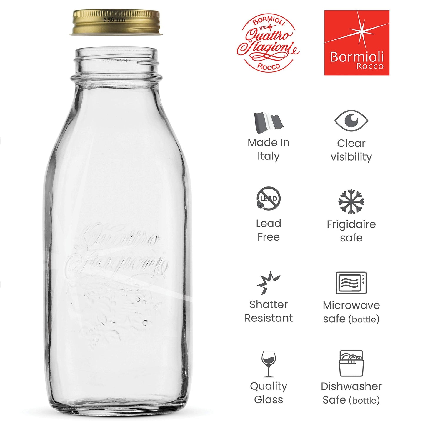 Bormioli Rocco Quattro Stagioni Glass Milk Bottle 33.75 Ounce/1 Liter with Airtight Lid, Great For Kombucha Brewing Bottle, Beer, Homemade Juicing