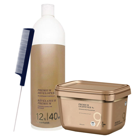 Blonde Me Lightener 9+ Bleach 450g with Blonde Me 12% / 40 Volume Developer 1L and Pin Tail Comb - Professional Hair Bleach Kit for Maximum Lift