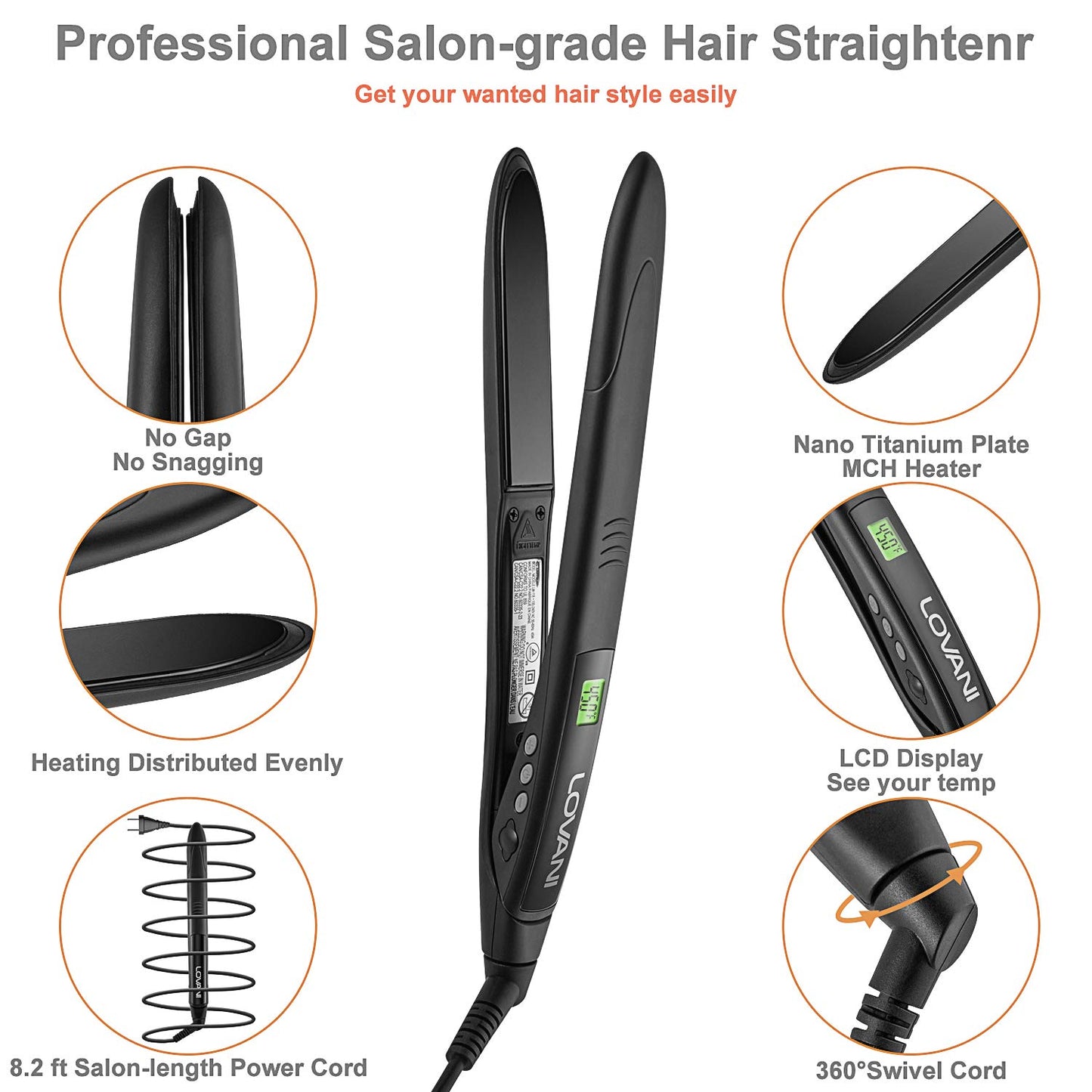 LOVANI Titanium Flat Iron, 450F High Heat Hair Straightener with Digital LCD, Dual Voltage, Auto Shut Off, Heat Resistant Bag, Glove and 2 Hair Clips