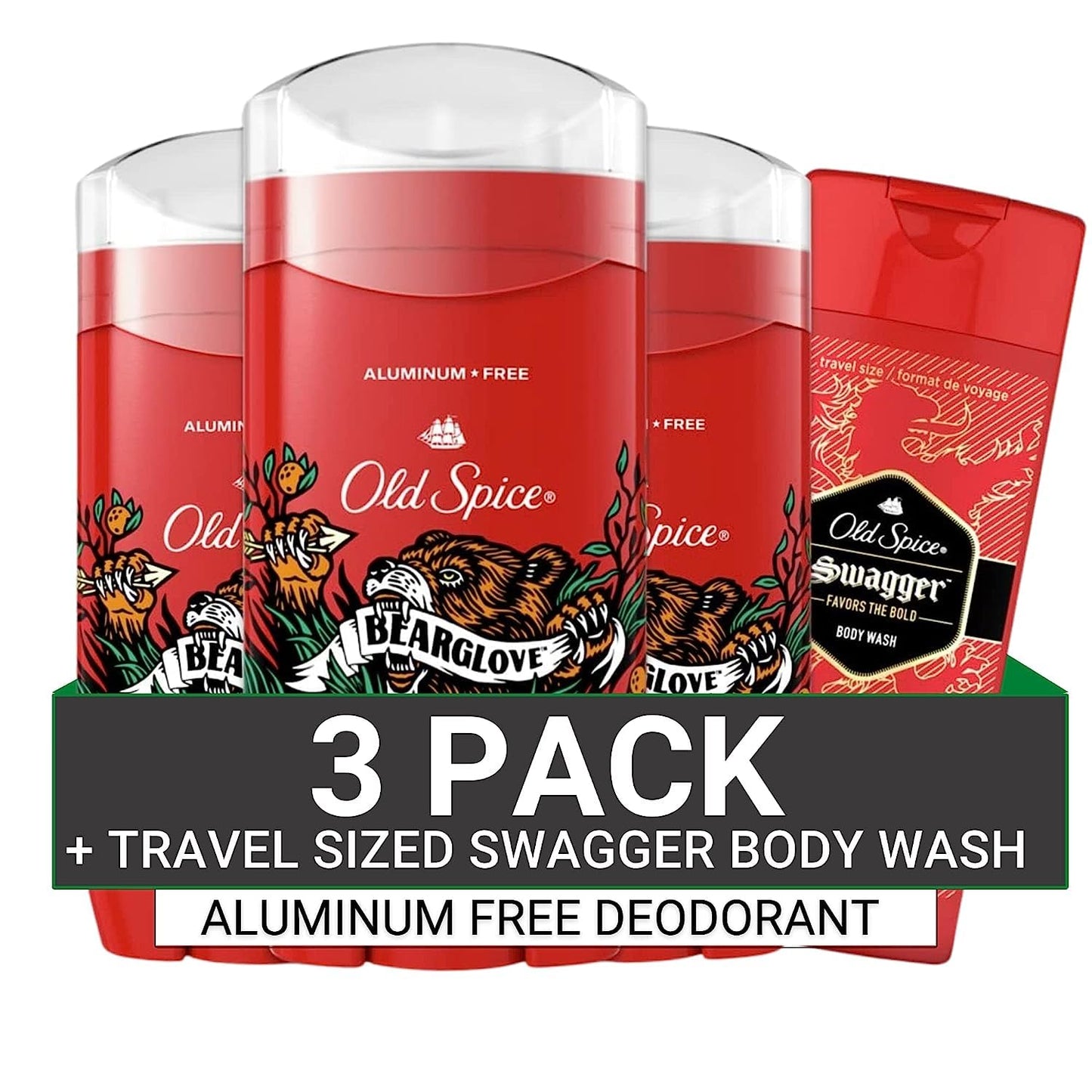 Old Spice Aluminum Free Deodorant for Men, 24/7 Odor Protection, 24/7 Freshness & Lasting Scent, Bearglove Scent, 3.0 oz with Travel Size Swagger Body