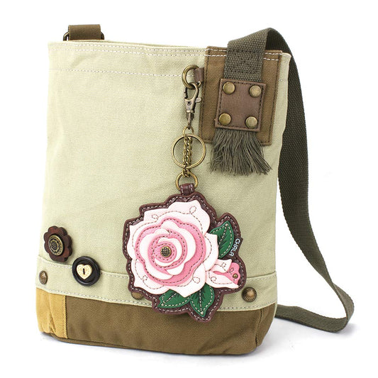 CHALA Womens' Canvas Patch Crossbody Handbag with Keyfob- Sand (Pink Rose - Sand)