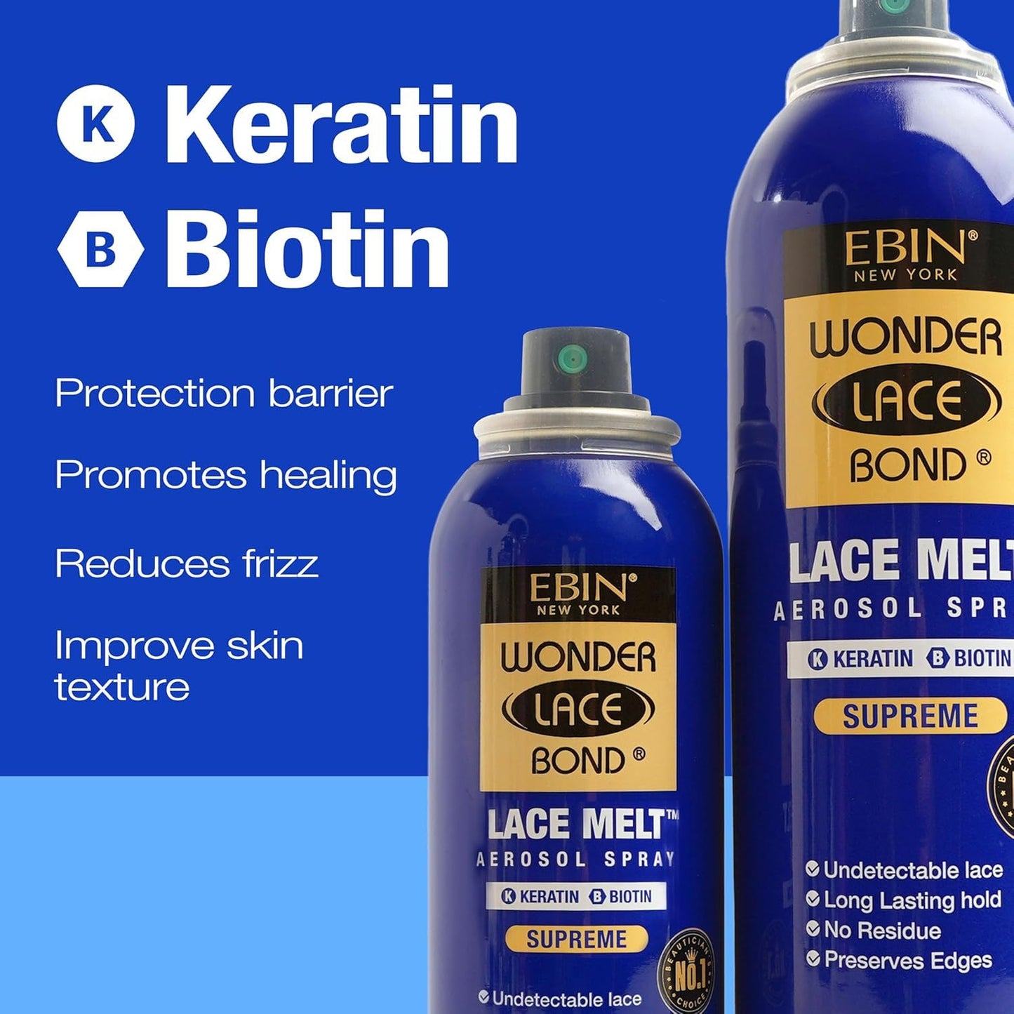 EBIN NEW YORK Wonder Lace Bond Lace Melt Aerosol Spray Keratin + Biotin | Extra Firm Hold Wig Adhesive Spray | seamless Natural Hairline | 2.7 Fl Oz
