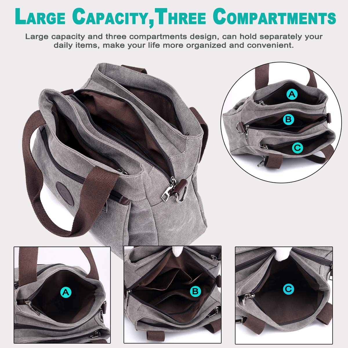 DOURR Hobo Handbags Canvas Crossbody Bags for Women, Multi Compartment Tote Purse Medium Satchel (Gray)