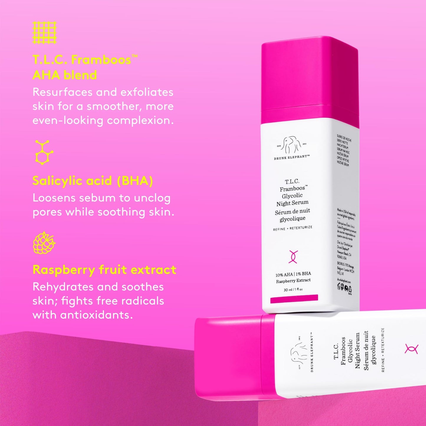 Drunk Elephant T.L.C. Framboos Glycolic Serum - 30 ml/1 fl oz - Exfoliating AHA Serum - Clean Clinical Skincare - Cruelty-Free - Dermatologist-Tested
