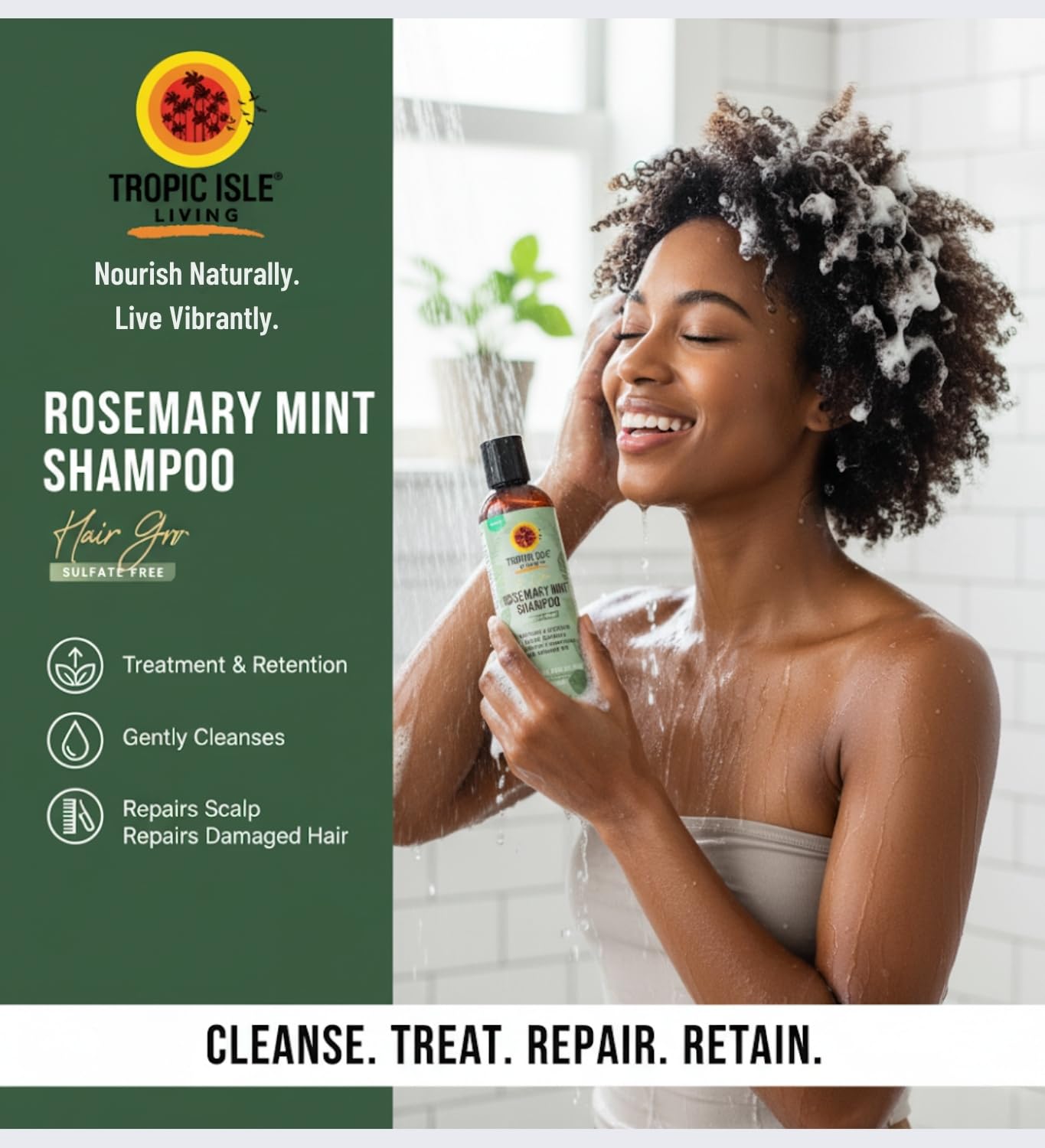 Tropic Isle Living 6x Hair Gro Rosemary Mint Shampoo 8oz and Conditioner 8 oz Gently Cleanses, Repairs & Nourishes with Mint, Aloe Vera & Shea Oil