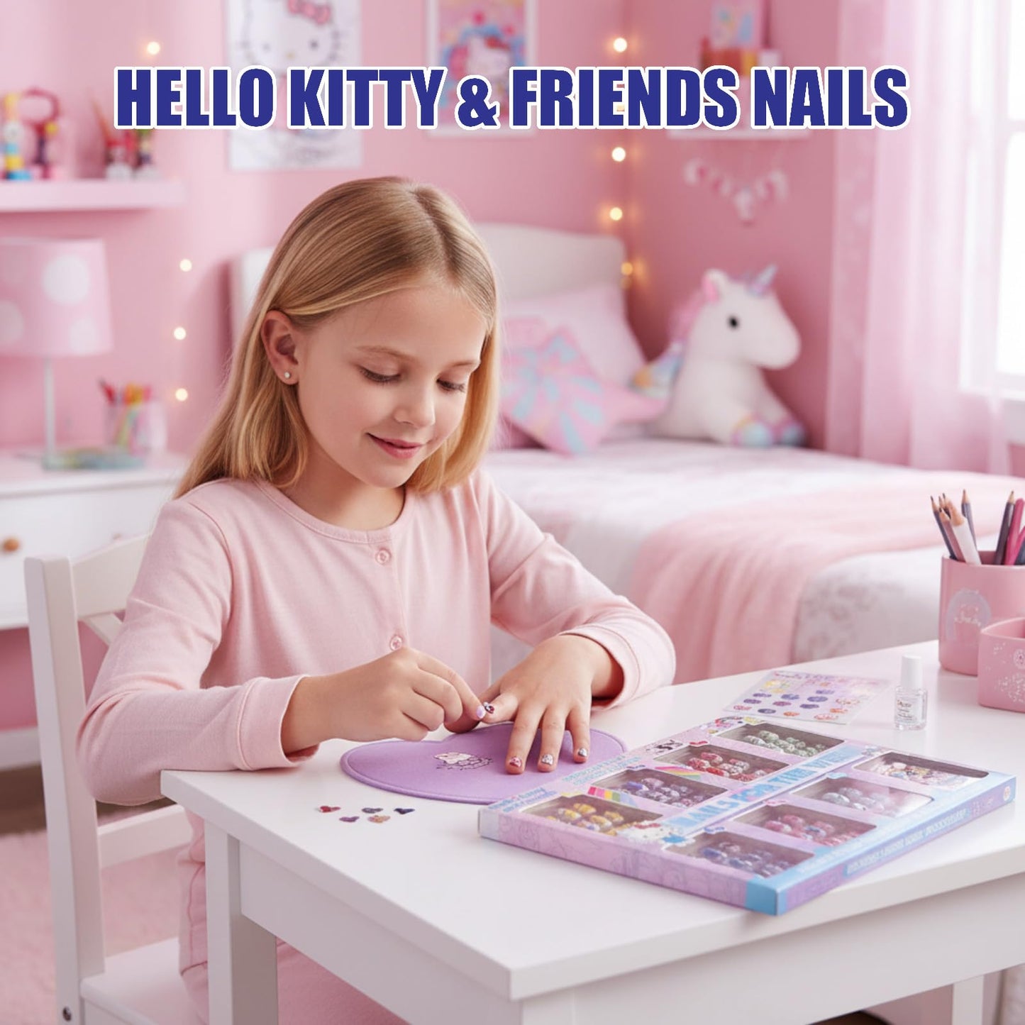 Hello Kitty and Friends 84pc Kid Press-On Nails Set, Pre-Adhesive Ages 6+ Beauty and Personal Care Townley Girl
