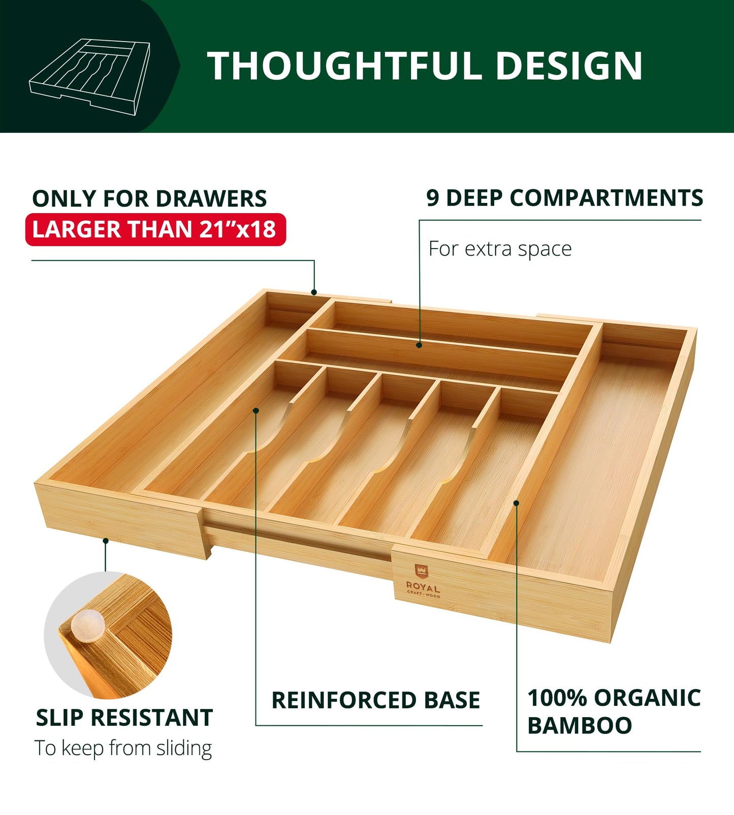 ROYAL CRAFT WOOD Bamboo Kitchen Drawer Organizer – 9-Slot Silverware, Utensil & Cutlery Tray Divider, Natural Finish