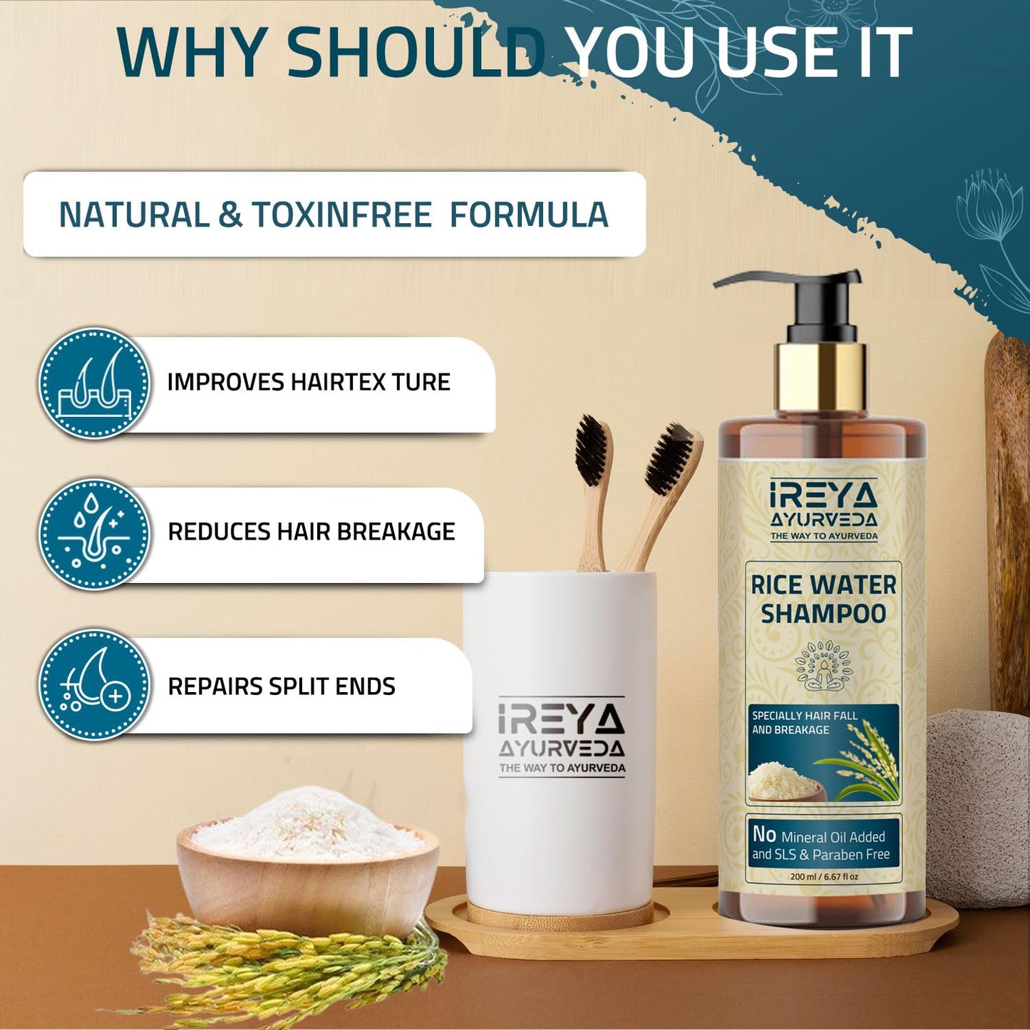 Rice Water Shampoo for hair with Rosehip oil 200ml (6.76oz) for Growth & Smooth Hair | Made with all natural ingredients No minerals