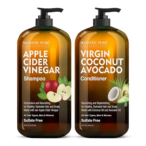 MAJESTIC PURE Apple Cider Vinegar Shampoo and Avocado Coconut Conditioner Set - Restores Shine & Reduces Itchy Scalp, Dandruff & Frizz - Sulfate Free