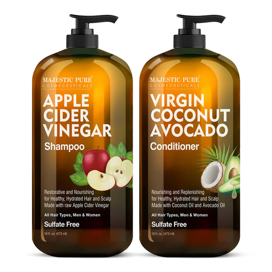 MAJESTIC PURE Apple Cider Vinegar Shampoo and Avocado Coconut Conditioner Set - Restores Shine & Reduces Itchy Scalp, Dandruff & Frizz - Sulfate Free