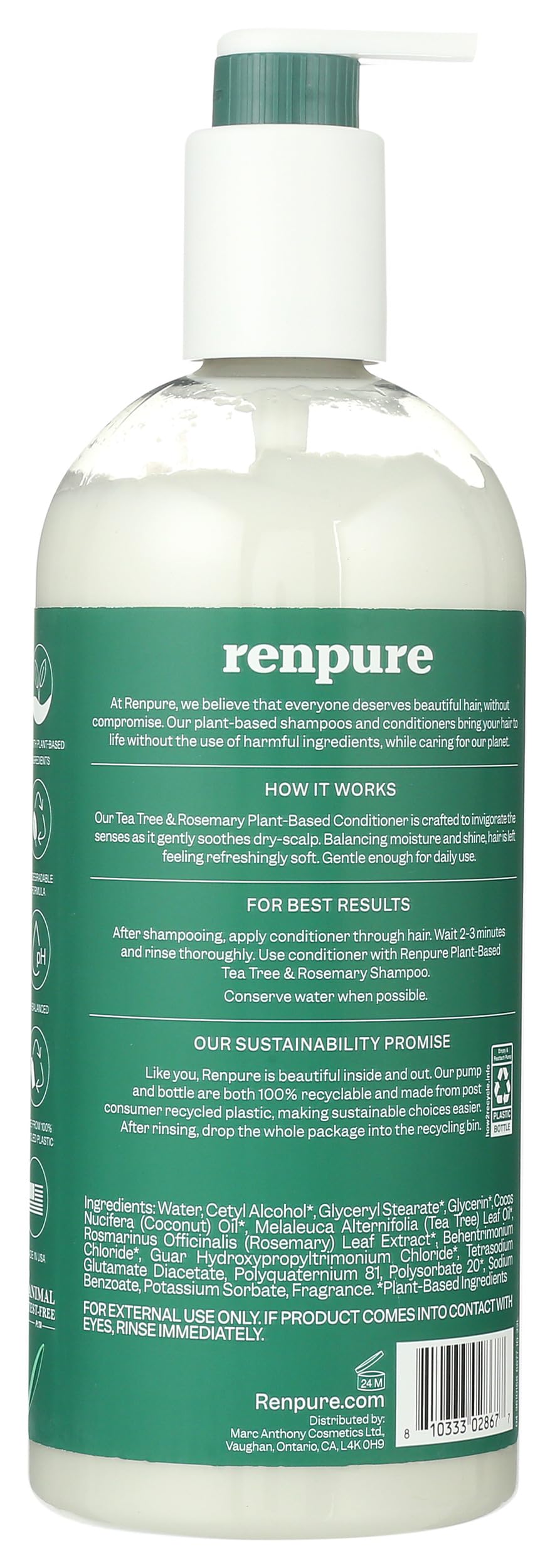 Renpure Plant Based Tea Tree and Rosemary Refresh and Rebalance Conditioner - Soothes Dry Scalp - Delivers Moisture and Shine - Gentle Formula - Dye