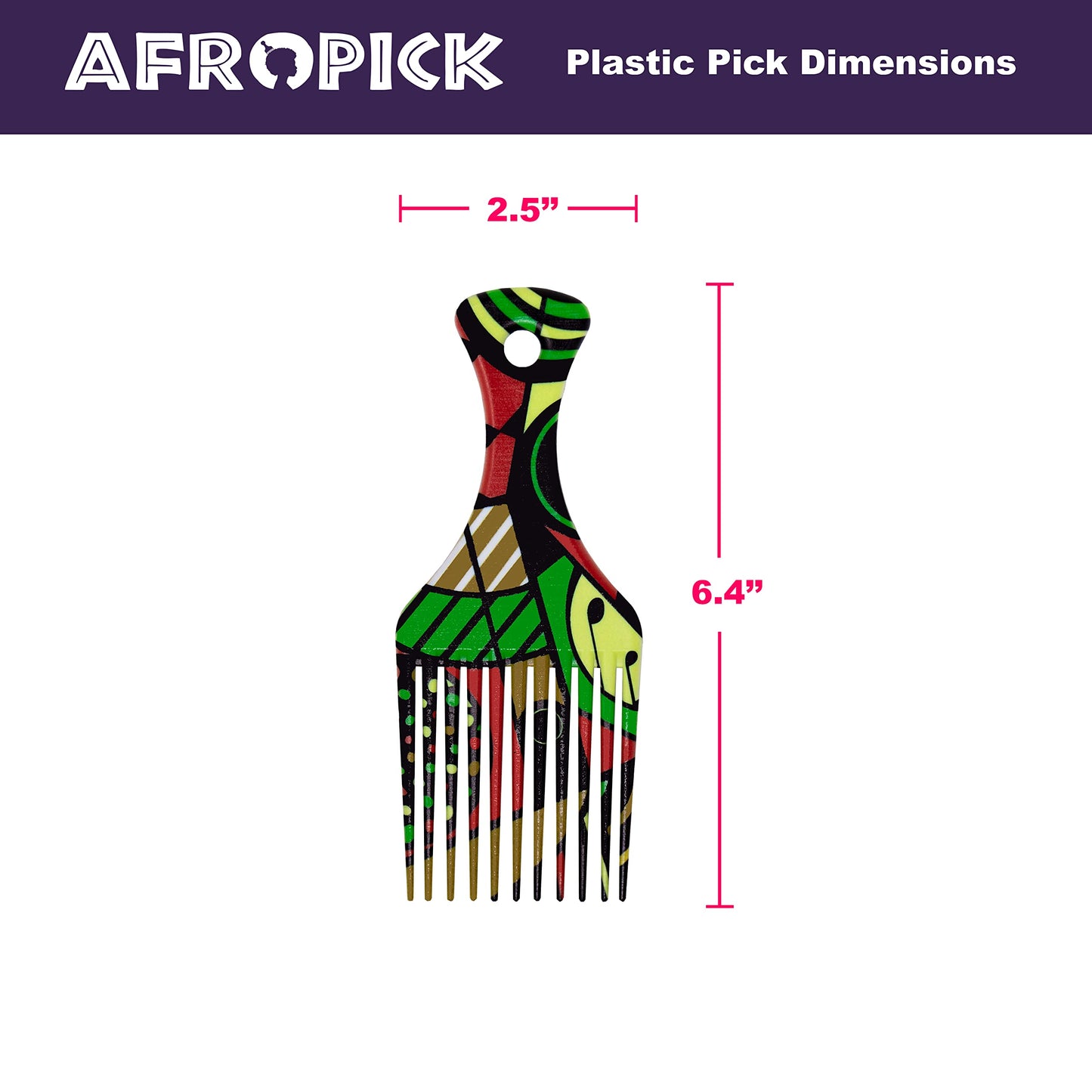 Afropick Anti-Static Plastic Black Hair Pick for Natural Curly Long Thick Hair- Afro Pick Comb for Men, Women- African Artist Designs (Harlem)