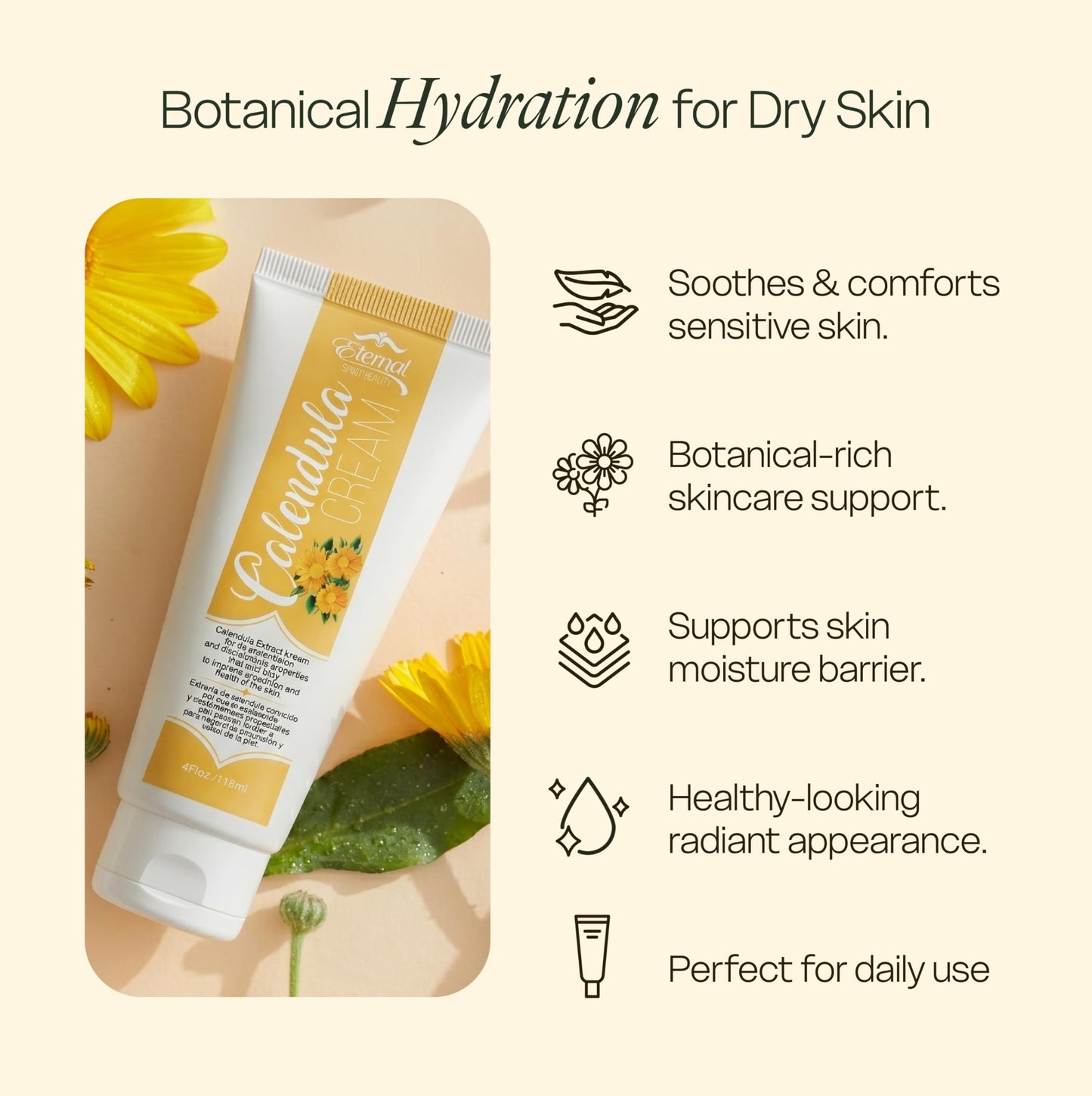 Eternal Spirit Beauty Calendula Cream - Soothing Skin Moisturizer with Calendula Officinalis Extract, Squalane & Hyaluronic Acid - Hydrating Body