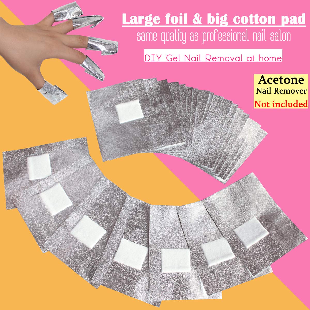 MIILYE Nail Polish Remover Foil Wraps for Acrylic/Dip Powder/UV/Gel/Polish Varnish Soak-off Removal, with Pre-attached Lint Free Pad (100x Gel Nail