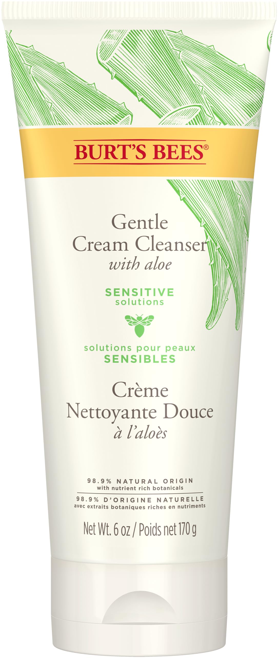 Burt's Bees Gentle Cream Cleanser with Aloe for Sensitive Skin, 98.9% Natural Origin, 6 Ounces