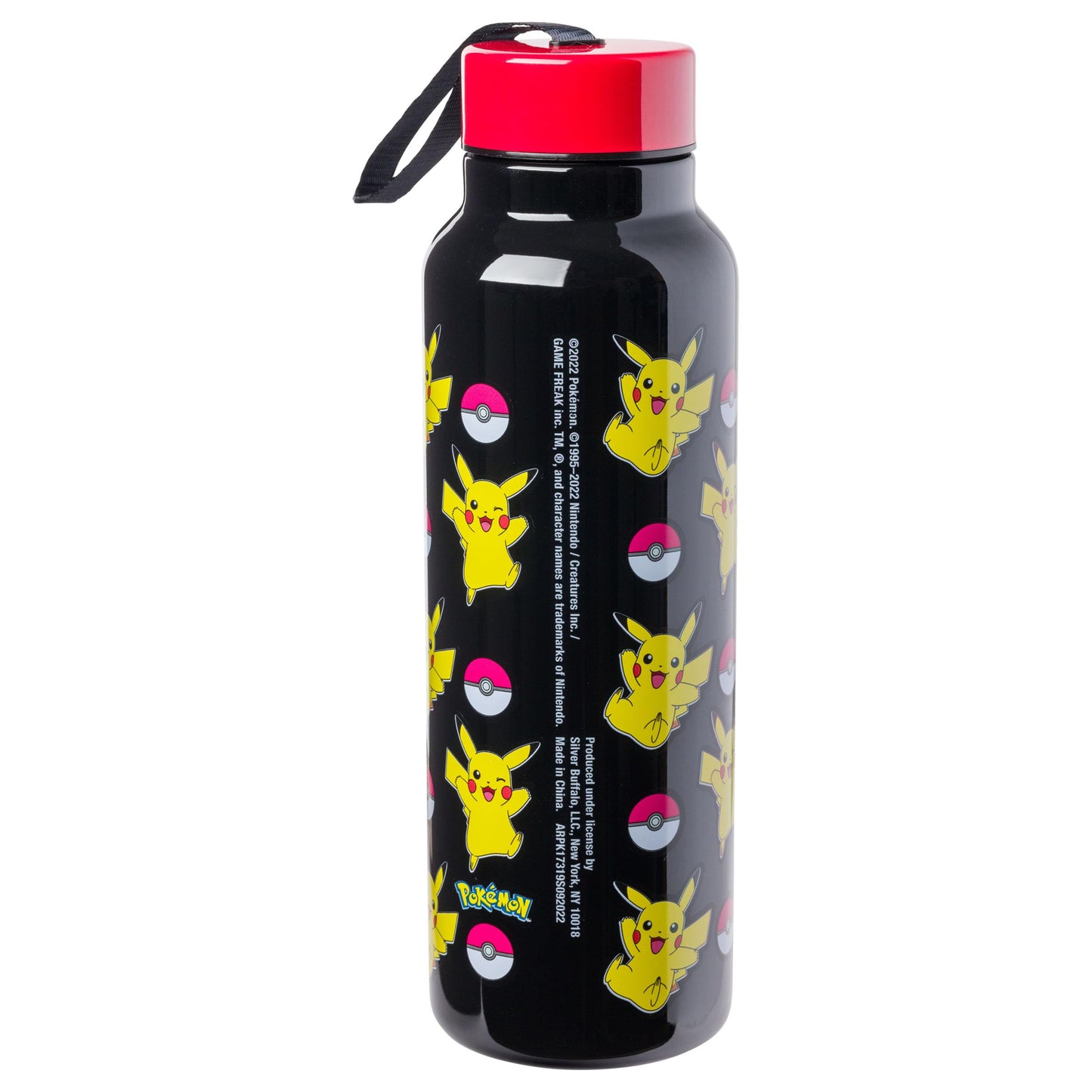 Silver Buffalo Pokemon Ball and Pikachu Stainless Steel Water Bottle with Strap, 27 Ounces