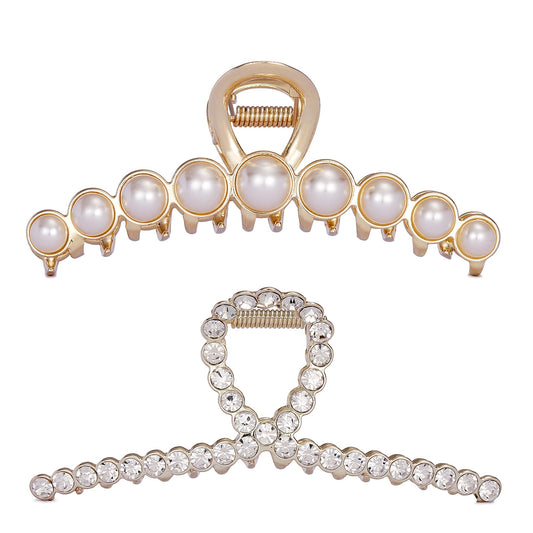 Rhinestone Hair Claw Clips, 4.4 Inch Vintage Metal Imitation Pearl Hair Jaw Clip for Women, Non Slip Hair Clamp Fashion Wedding Party Accessories