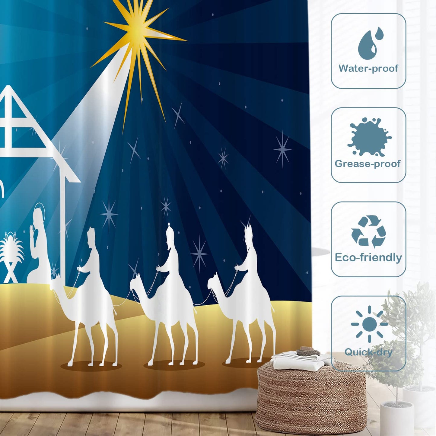 Batmerry Night Christmas Star Decorative Shower Curtain - Bethlehem Scene With Wise Men, Bible Theme - Long Wide Waterproof Washable for Bathroom
