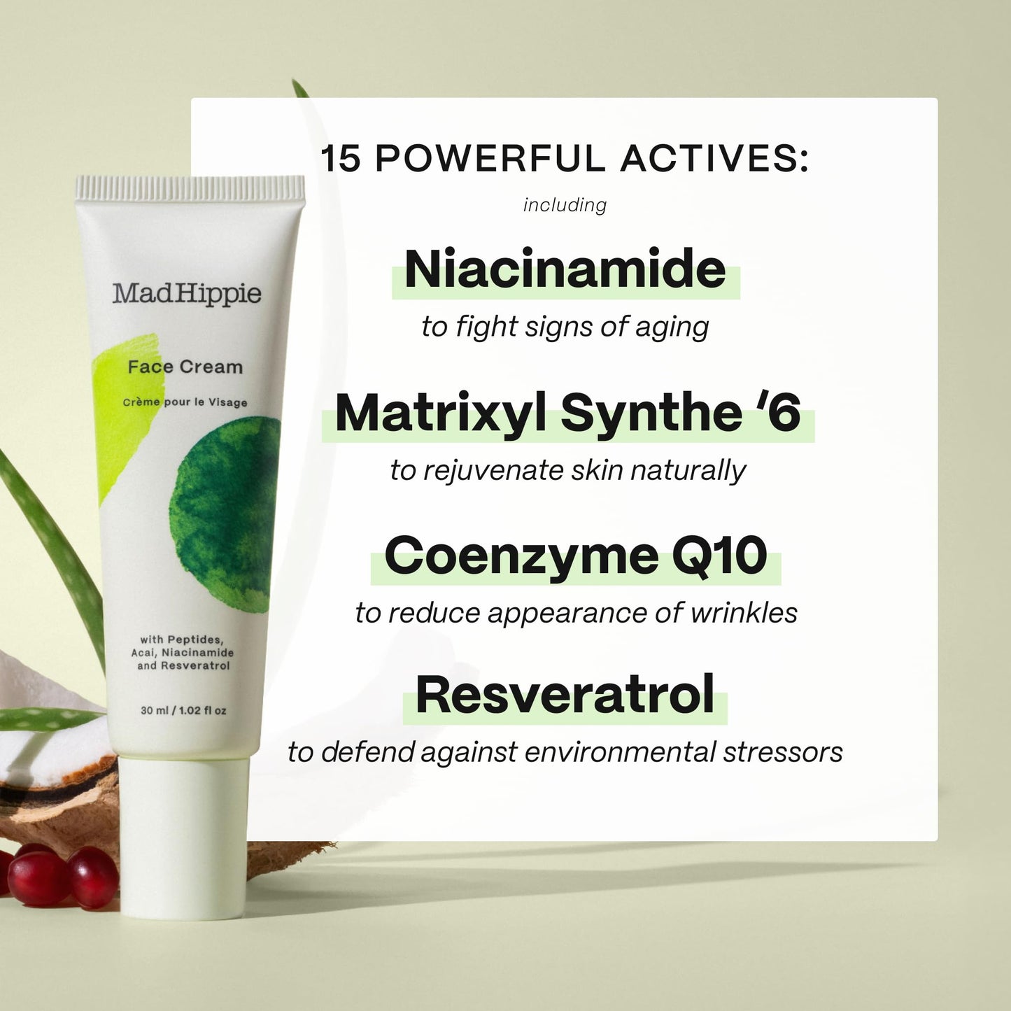 Mad Hippie Face Cream - Age-Defying Face Moisturizer & Skin Tightening Cream with Niacinamide, Advanced Peptides & Argan Oil 1.02 Oz