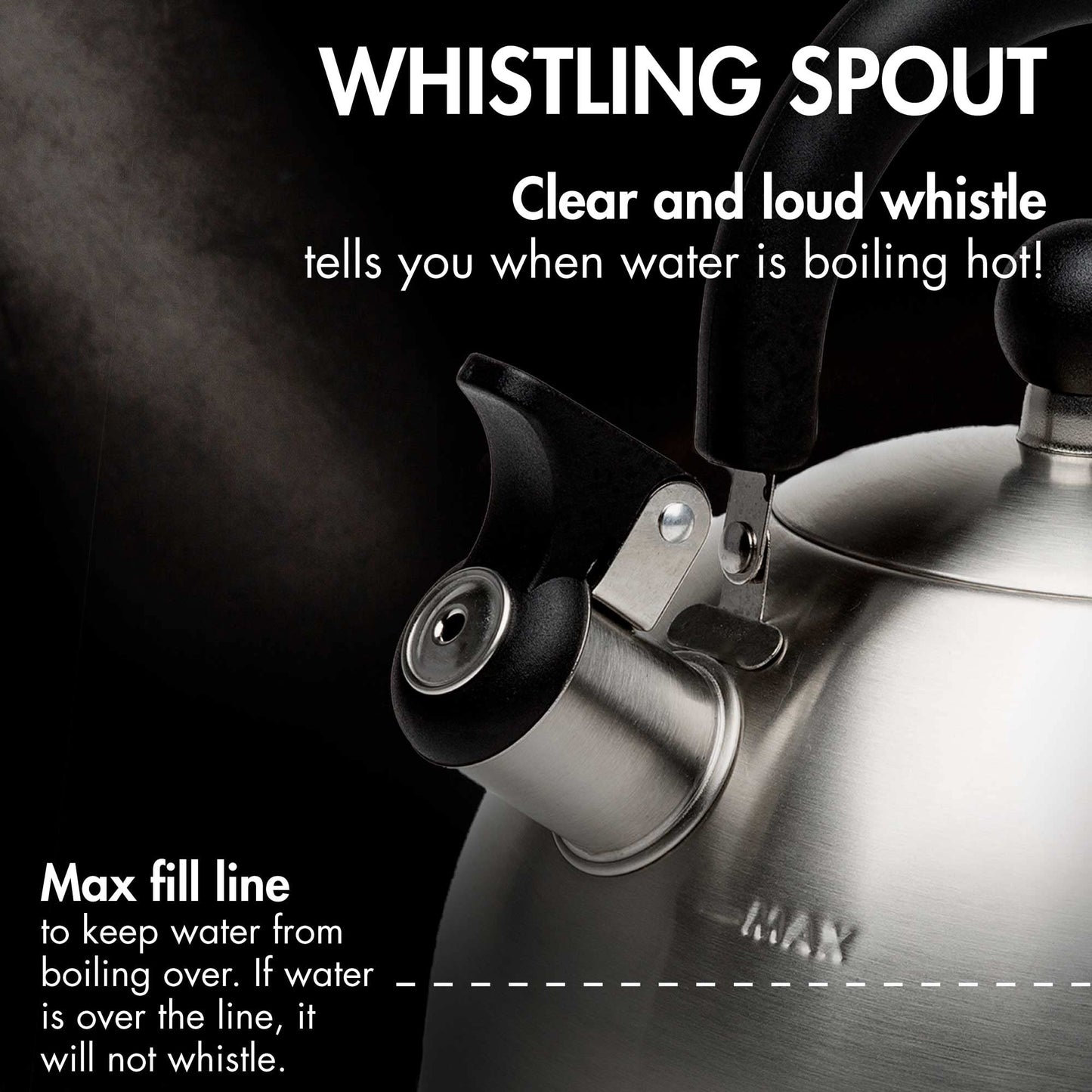 Primula Stewart 1.5-Qt Whistling Tea Kettle – Food-Grade Stainless Steel, Fast Boil, Cool-Touch Folding Handle, Brushed Finish with Black Handle