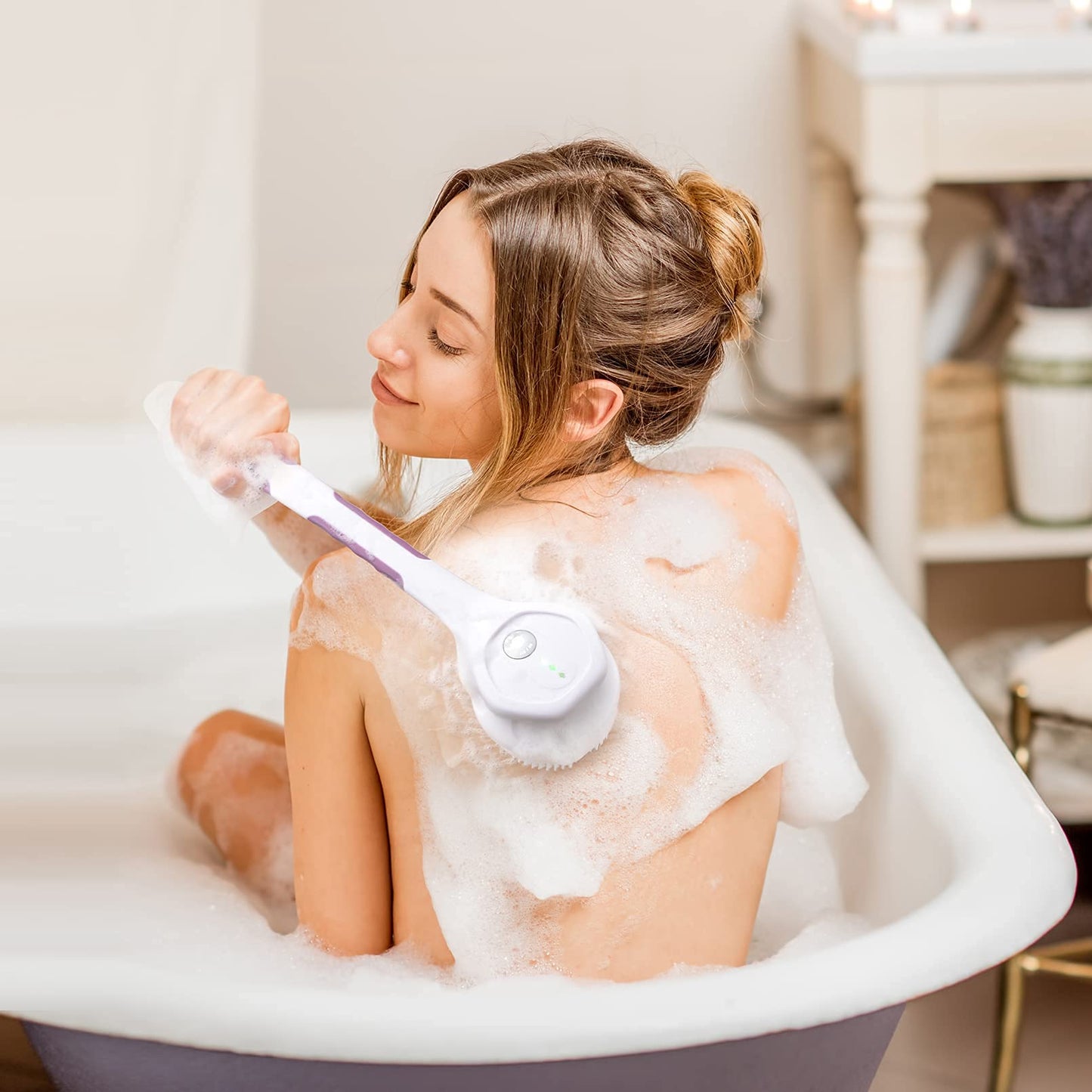 SoulBay Electric Body Brush with 5 Attachments: Rechargeable Back Brush IPX7 Long Handle Exfoliating Spin Scrubber for Shower Bathing Cleansing Wash