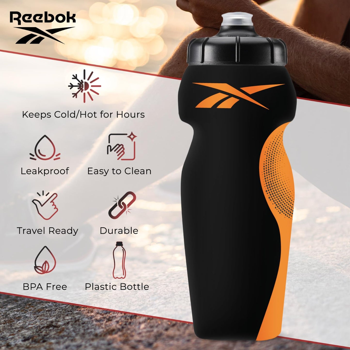 Reebok Squeeze Water Bottles With Athletic Design - Water Bottle 24 oz - Sports Water Bottle - Reusable Water Bottle For Gym, Running, Hiking etc…