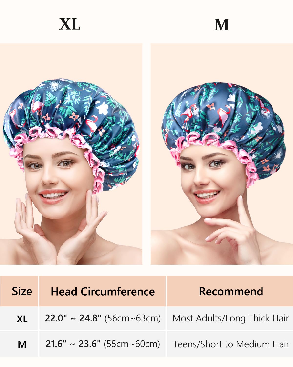 mikimini Large Shower Cap for Women Long Hair, 2 Pack,Flamingo Shower Caps with Pink Lace, Double-layer Waterproof, Reusable, Washable,X-Large (Pack