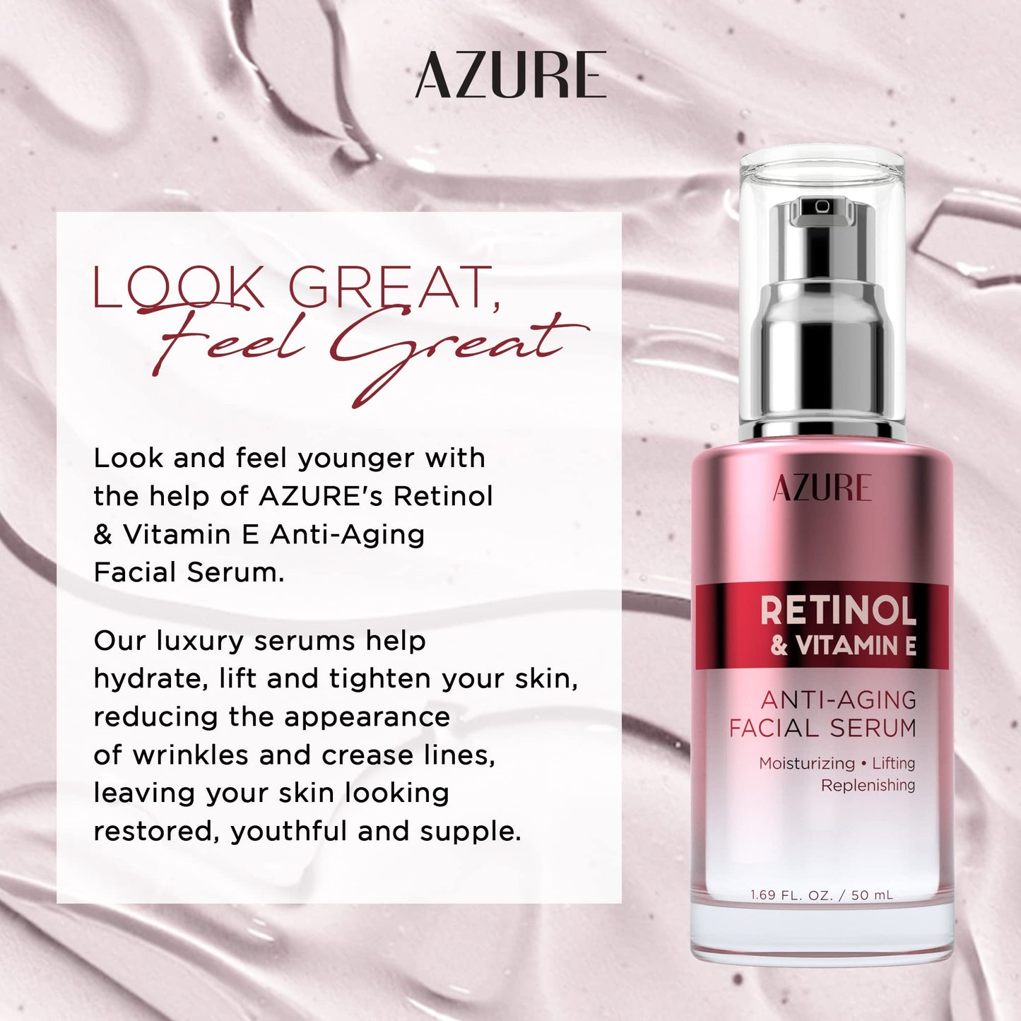 Azure Cosmetics Retinol Serum For Face - Dermatologist Tested, Anti Aging for Dark Spots & Skin Smoothing - Vitamin E for Replenishing & Skin Renewal