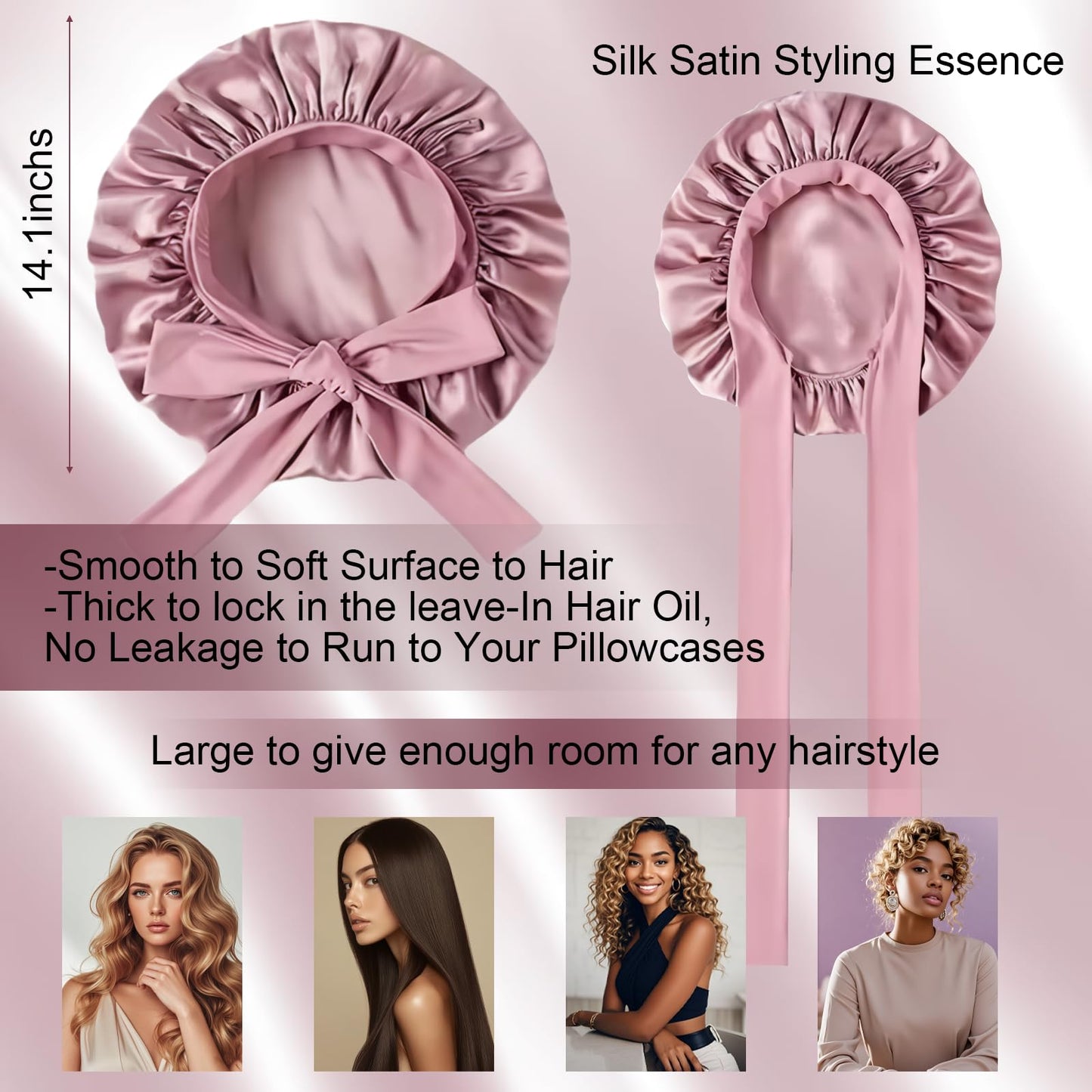 Silk Bonnet for Women, Satin Bonnet for Sleeping, Large Sleep Cap with Elastic Tie Band for Curly Hair (Bean Paste Pink) Beauty and Personal Care Confvrter