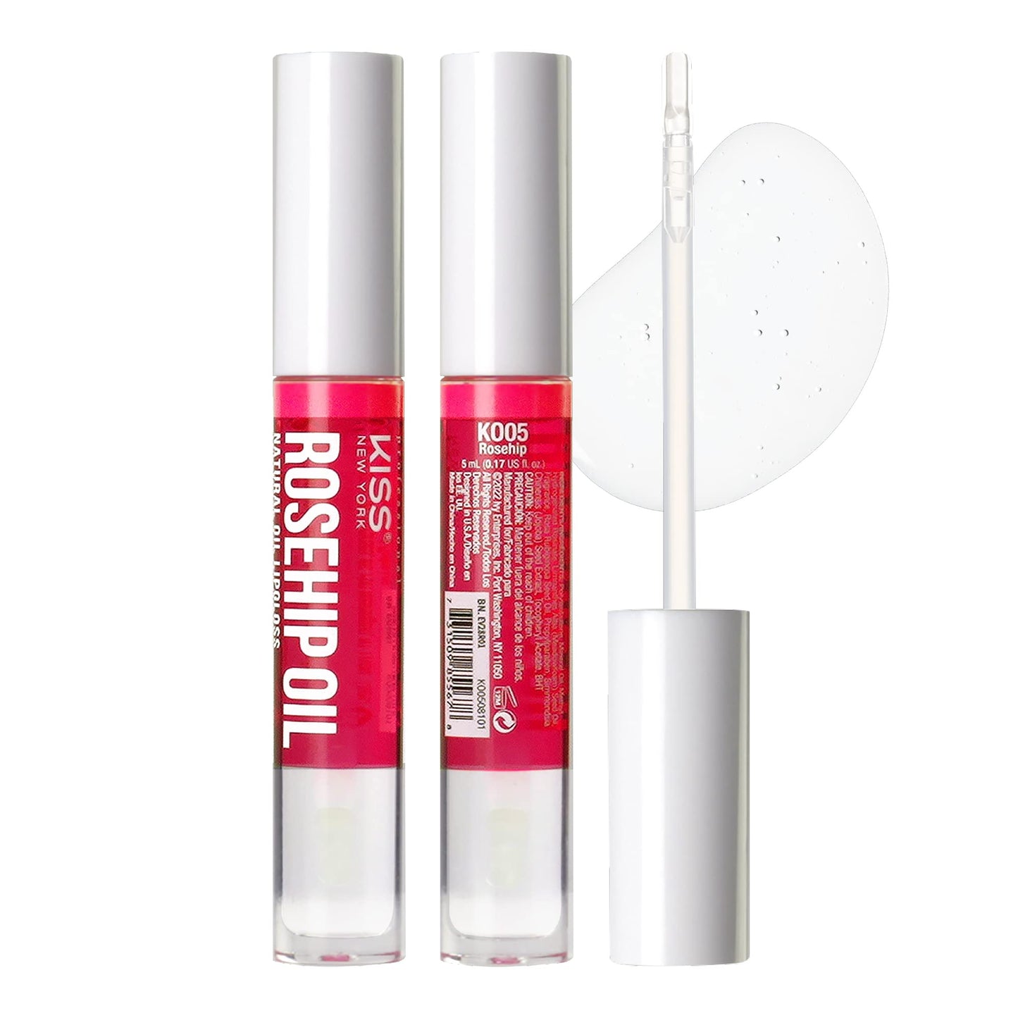 Kiss New York 3 PACK Lip Oil Gloss, Hydrating Non-Sticky Lip Oil, 100% Natural Oil Clear Lip Gloss, Lightweight Lip Moisturizer (Rosegold & Rosehip