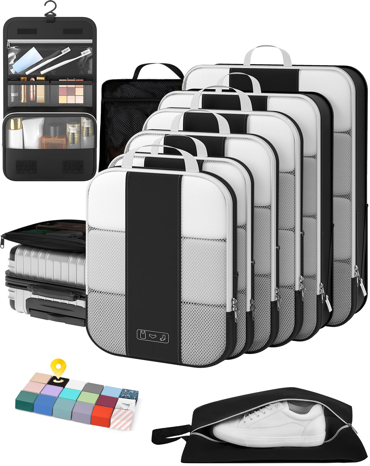 OlarHike 10-Set Compression Packing Cubes – Expandable Travel Luggage Organizers for Suitcase & Clothes – Black