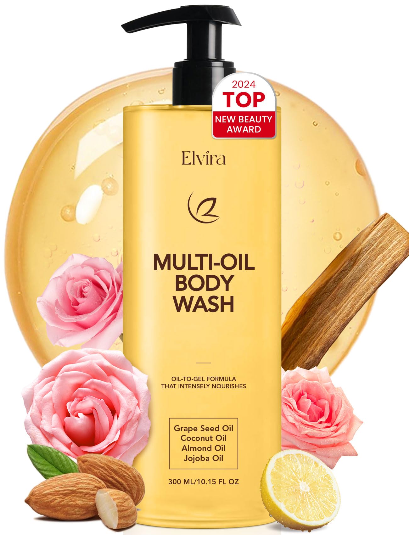Elvira Multi-Oil Cleansing & Hydrating Shower Oil, Body Wash for Women, Oil-to-Milky Lather, Moisturized and Softer Skin, Cleanse Without Drying, For All Skin Types, 10.15 fl oz