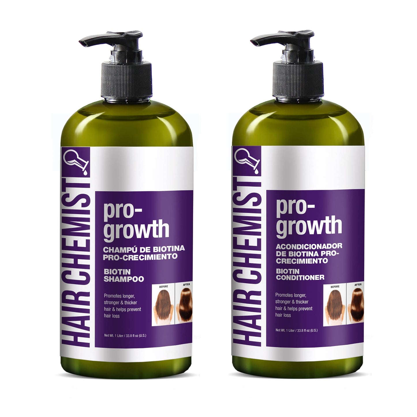 Hair Chemist Pro-Growth with Biotin Ultimate 4PC Shampoo & Conditioner Set- Includes 33.8oz Shampoo, 33.8oz Conditioner, 7.1oz Scalp Stimulator