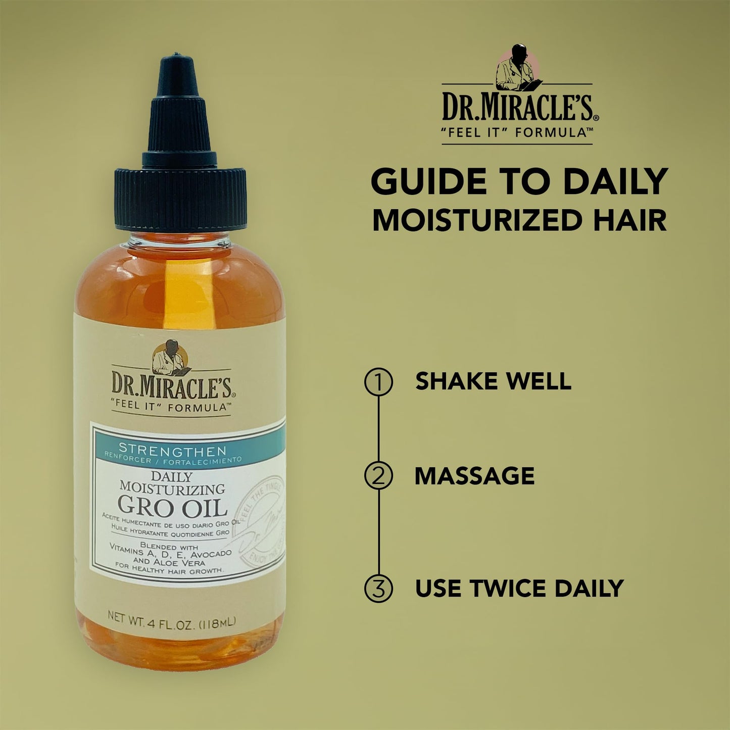 Dr. Miracle's Daily Moisturizing Gro Oil, Blended with Vitamins A, D, E, Avocado & Aloe Vera For Healthy Hair Growth, 4 Ounce
