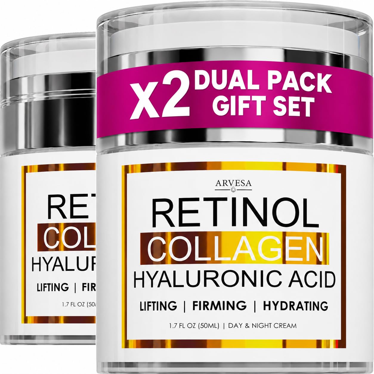 (2 Pack) Retinol Cream for Face with Collagen and Hyaluronic Acid - Anti Aging Wrinkle Cream for Women and Men - Day and Night Facial Moisturizer Beauty and Personal Care Arvesa