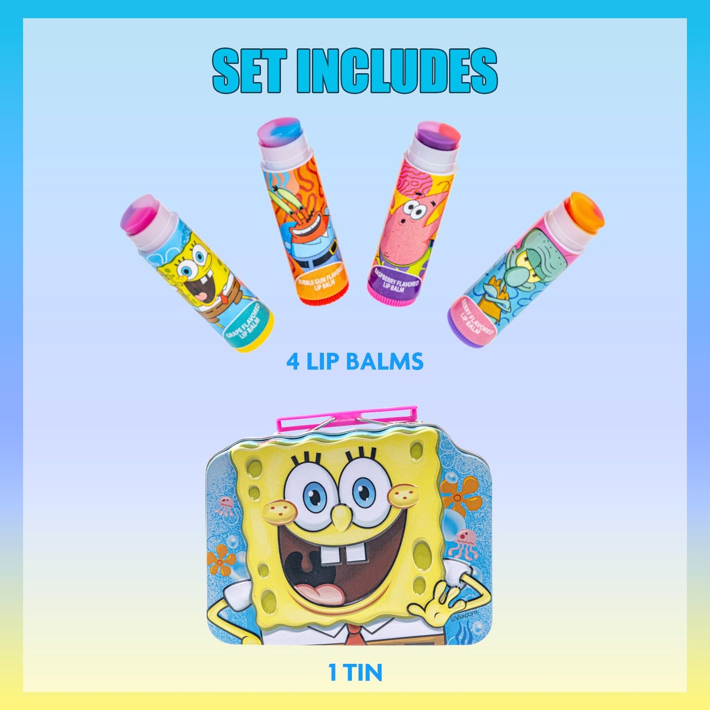 Spongebob Squarepants 4PK Plant-Based, Fruity Scented Lip Balm, & 1 Tin, Colorful Hydrating Mosturizor Swirl Lip Balm Set for Kids, by Townley Girl