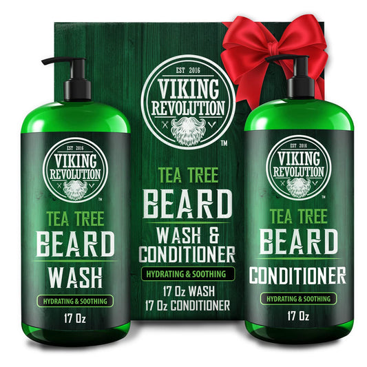 Viking Revolution Tea Tree Oil Beard Wash and Beard Conditioner For Men - Natural Beard Softener Set with Argan Oil, Vitamin E and Ginseng - Beard