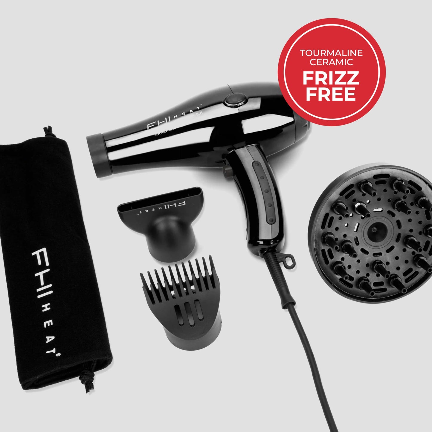 FHI HEAT Platform Nano Power Salon Pro 2000 Tourmaline Ceramic Quick Dry Hair Dryer with 3 Piece Attachment Set (Comb, Concentrator, and Diffuser)