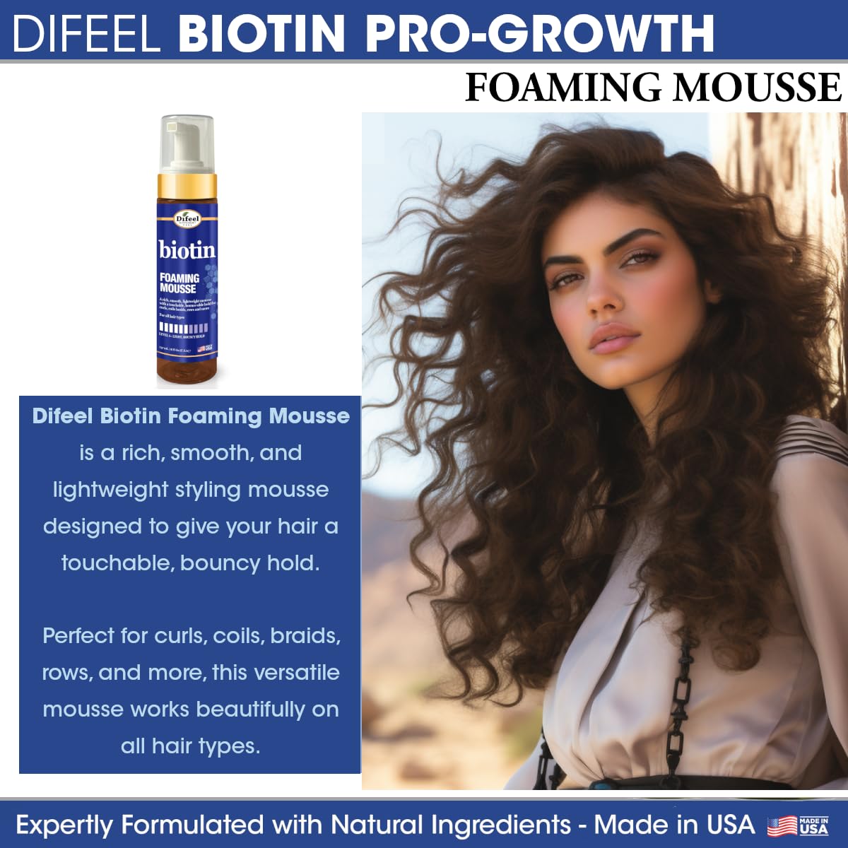 Difeel Biotin Foaming Mousse 8 oz. - Curly Hair Biotin Thickening Mousse, Ideal for Curls, Rows, Braids, and Coils