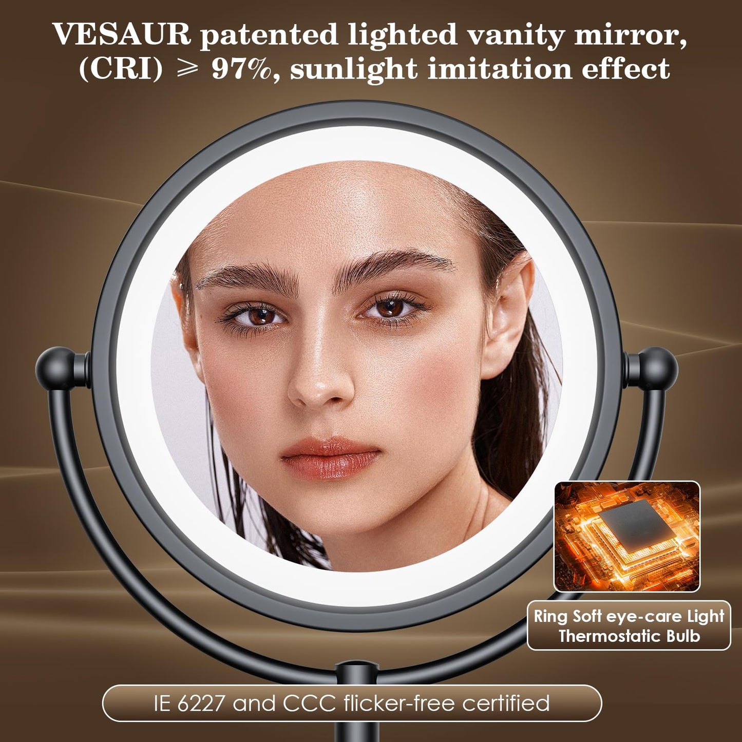 VESAUR Professional 8.5" Lighted Makeup Mirror, 1X/10X Double Sided HD Undistorted Magnifying Mirror with 3 Color 90 Dimmable LED lights, 360°