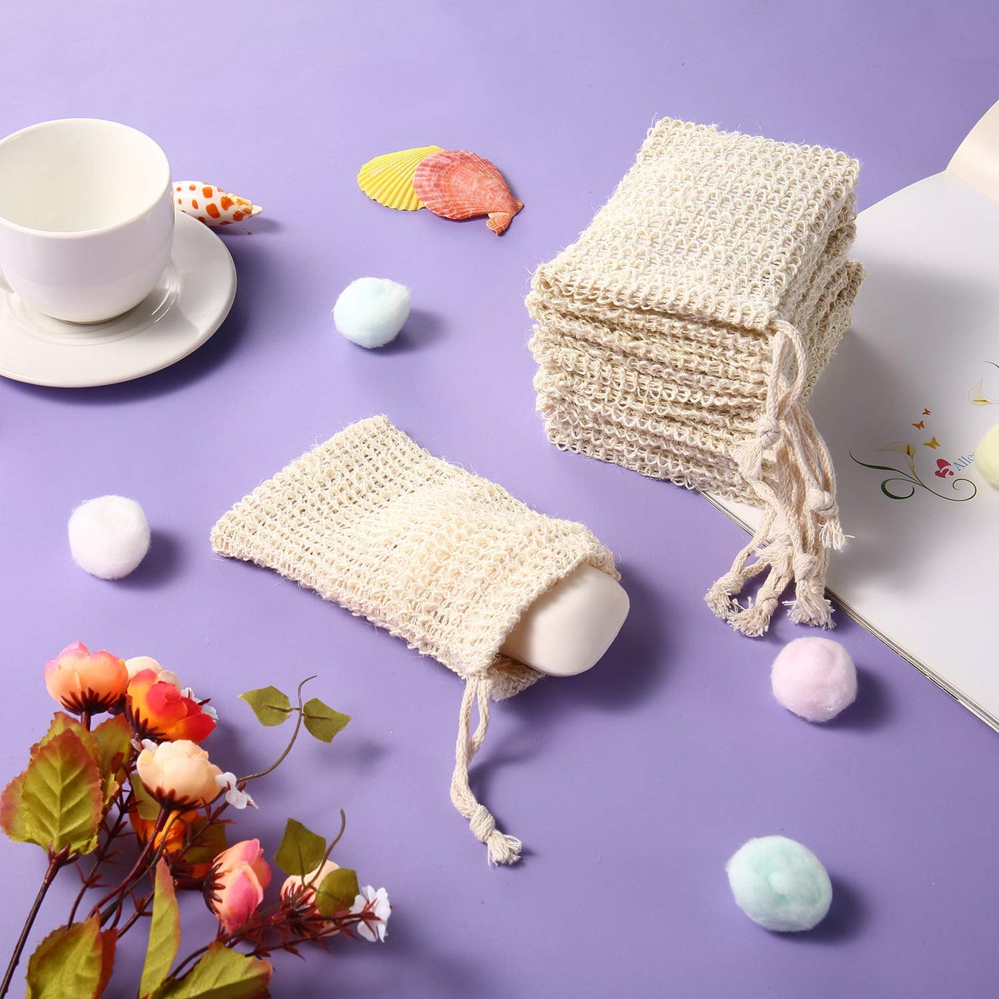 Trounistro 30 Pack Soap Exfoliating Bags Pouch Soap Saver Natural Ramie Mesh Soaps Bag Hand Made Soaps Bag with Drawstring for Bath & Shower Use