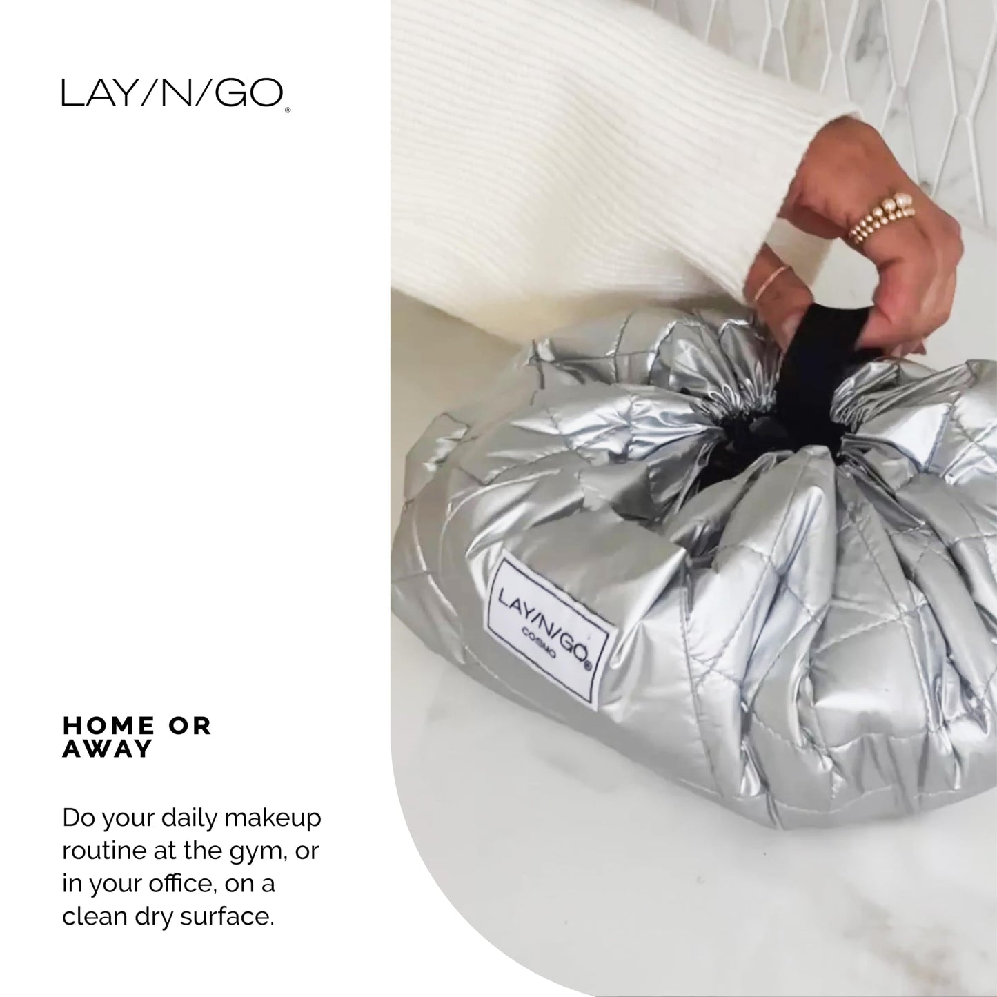 Lay-n-Go Cosmo 20" Drawstring Makeup Bag – Portable Cosmetic Organizer with Zipper Pocket & Loops, Washable Travel Toiletry Bag (Black)